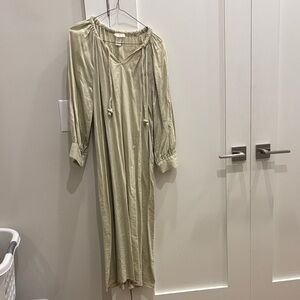 Elegant Light green linen Maxi Dress with Tie Accents